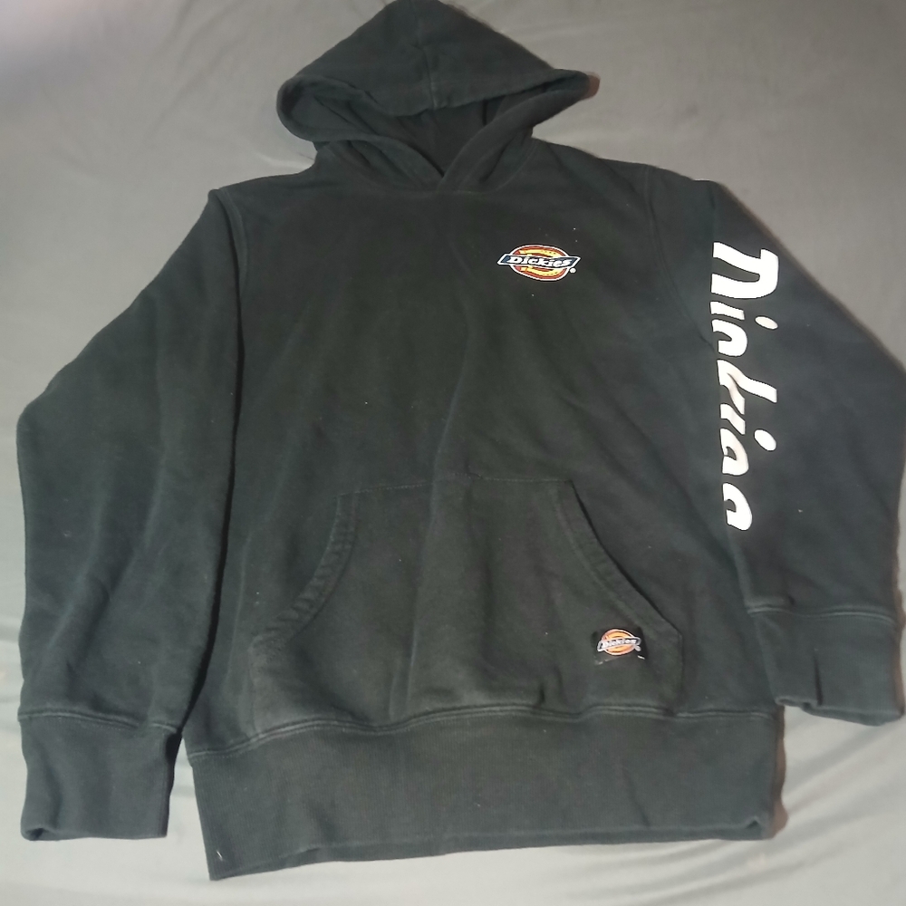 Dickies Black Pullover Hoodie with White Sleeve Script and Small Logo Patches